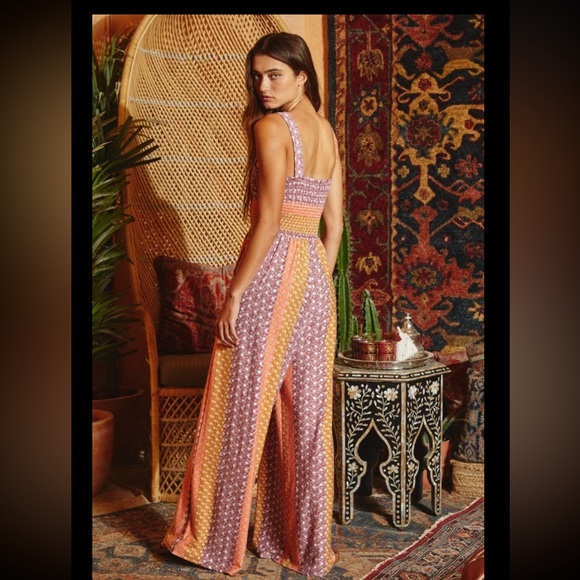 ✨NEW LIST✨ Comfy Boho Striped Patterned Jumpsuit Smocked Top Wide Leg Palazzo - Picture 5 of 7